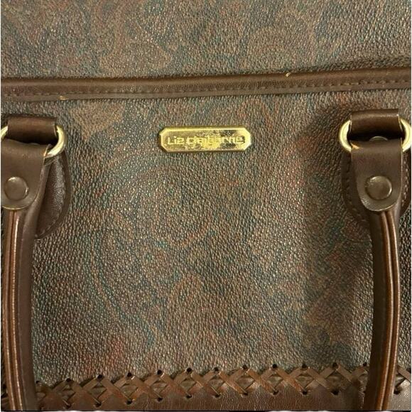 Vintage Liz Claiborne Brown Paisley Tapestry Satchel Tote Bag Purse Leather Trim - Picture 4 of 12